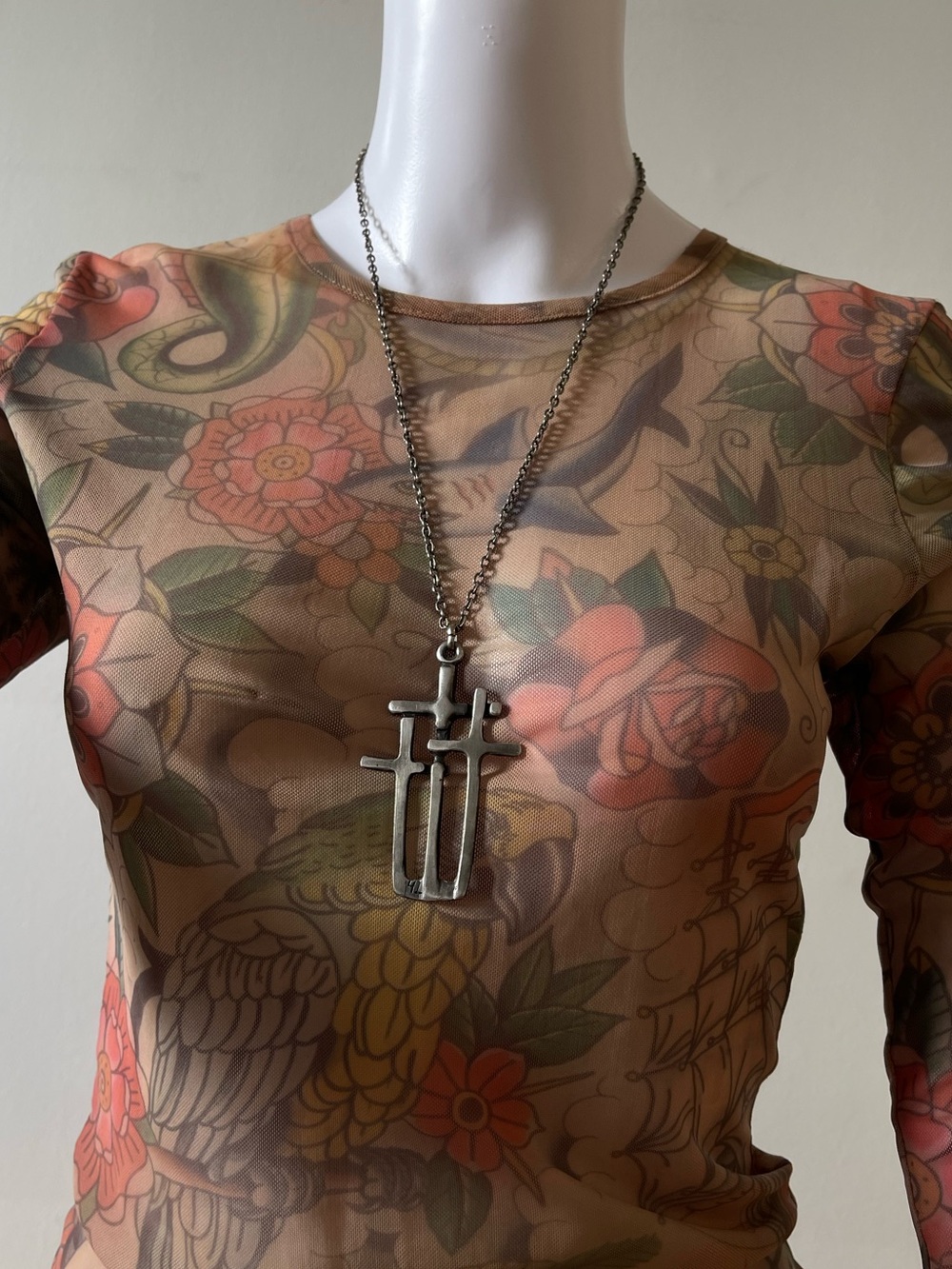 Vintage Triple Cross Pendant Necklace in Silver Tone